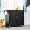 41" Modern Rolling Kitchen Island on Wheels, Utility Cart Storage Trolley with Rubberwood Top & Drawers, Black